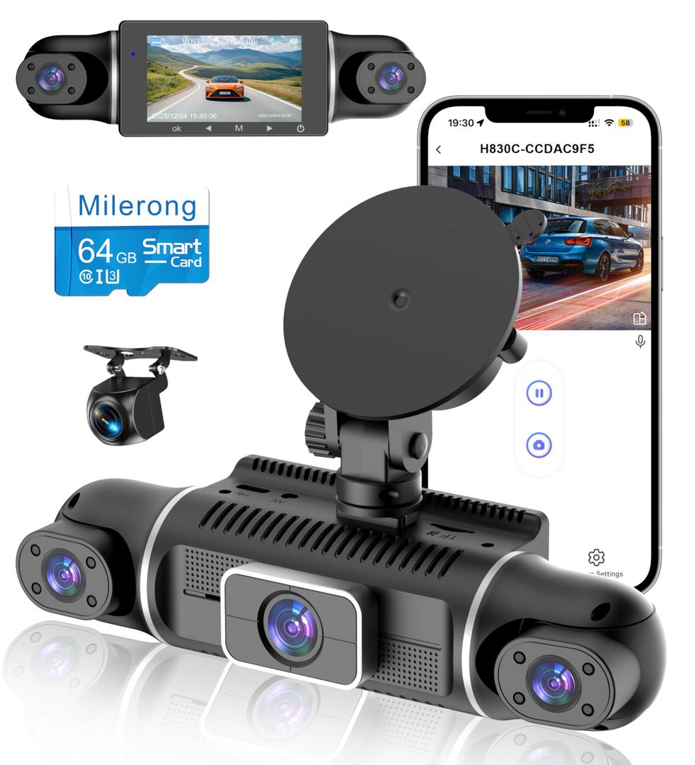 4 Channel Dash Cam Front and Rear Inside Left Right, 360° Dash Camera with 5GHz WiFi & App Control, 24H Parking Monitor, Super Night Vision, G-Sensor, Loop Recording, 64GB SD Card Included
