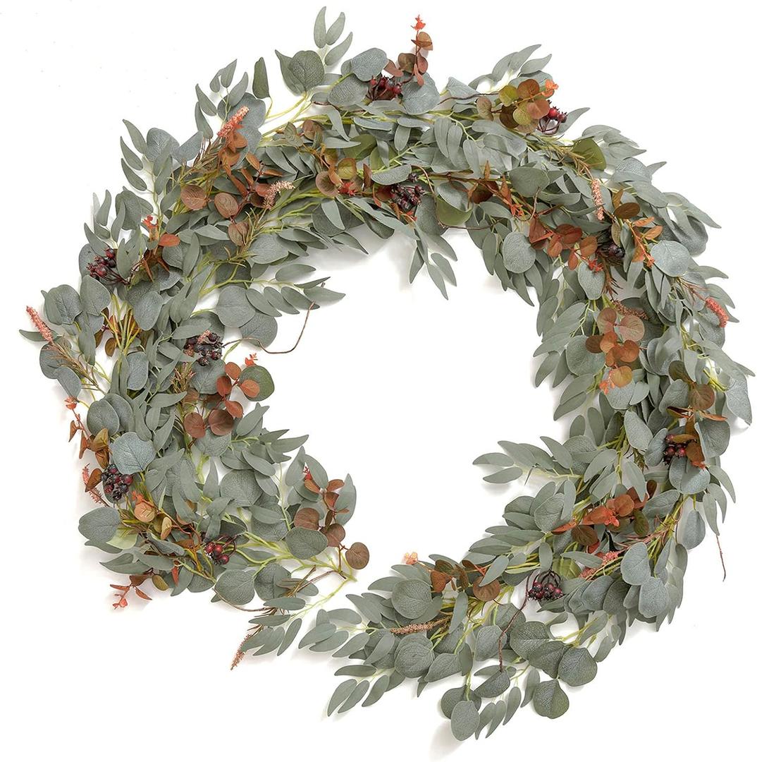 Ling's Moment Eucalyptus Flower Greenery Garland with Willow Leaves 2pcs, 5.9ft Hanging Italian Ruscus Vines Rustic Wreath Swags for Table Centerpieces Wedding Arch Decor, Terracotta Flowers
