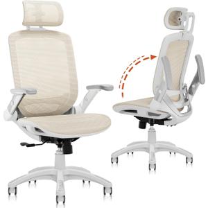 GABRYLLY Ergonomic Office Chair, High Back Home Desk Chair with Headrest, Flip-Up Arms, 90-120 Tilt Lock and Wide Cushion, 300LBS Mesh Chairs for Man Woman, White Task Chair(Beige,GY01WBG), Large