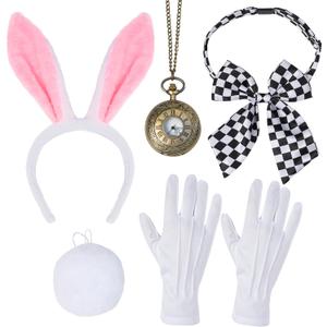Spooktacular Creations White Bunny Accessory Set, Bunny Costume with Headband Bow Tie, Tail, Gloves, Pocket Watch for Women, Halloween Rabbit Costume, for Women for Role Play and Party