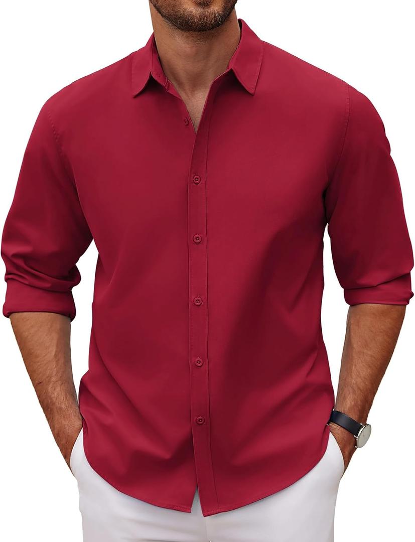 COOFANDY Men's Long Sleeve Button Down Shirts Casual Untucked Dress Shirt Beach Wedding Shirts (Red, M)