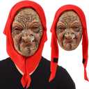 Halloween Old Lady Mask Scary Realistic Old Women Costume Horror Smoking Granny with Red Hood Grandma Latex Headgear for Adults Party Funny Cosplay