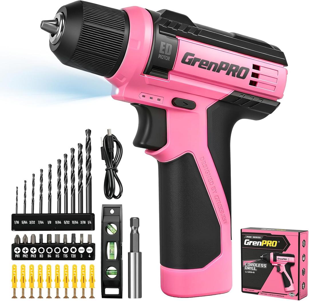 GRENPRO 8V Cordless Drill, Power Drill Set with 43pcs Accessories, 3/8" Keyless Chuck, Built-in LED, Type-C Charge Cable, Pink Drill Set for Women, Drilling & Screw Tightening/Loosening, Home DIY