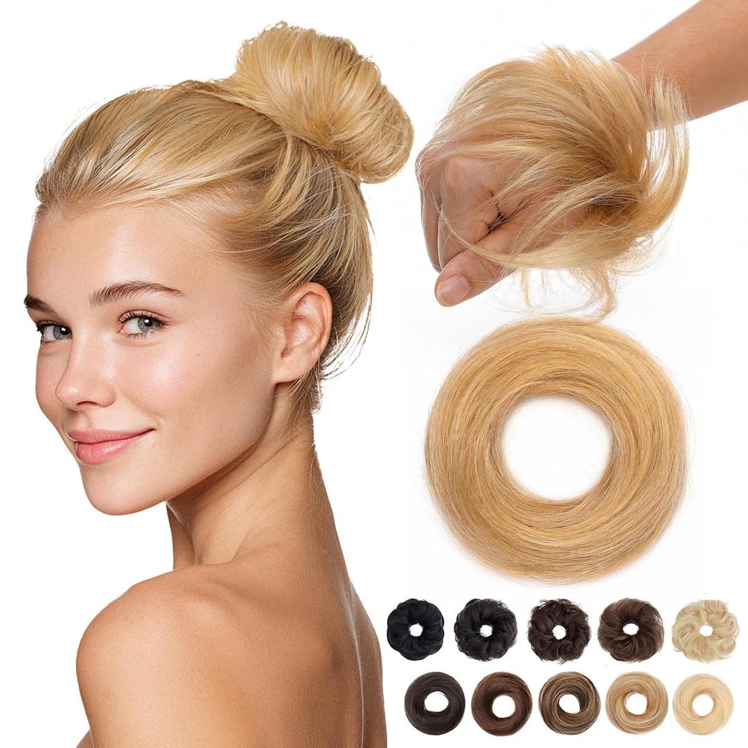MY-LADY Messy Bun Hair Pieces Human Hair for Women Real Hairpiece Straight Scrunchies Tousled Updo Donut Chignon Ponytail Extension Ash Blonde & Bleach Blonde