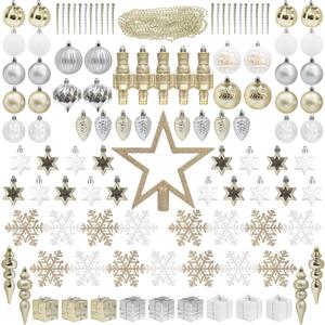 ITART 115pcs Christmas Tree Ornaments Assortment Champagne Silver and White Including Star Tree Topper Balls Large Snowflakes Pine Cone Nutcracker Figurines Beads Garlands for Christmas Tree Decor