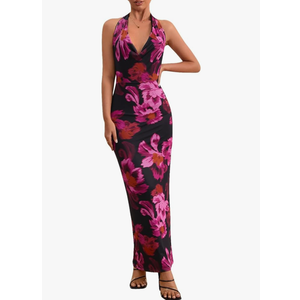 Women's Floral Halter Dress Backless Mesh Deep V Neck Cotail Wedding Party Maxi Dress 3XL