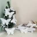 12 PCS White Feather Butterfly Glitter Butterflies Ornaments Clips on for Spring Christmas Tree Crafts Flower Bouquets Fairy Garden Wedding Home(White)