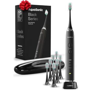 Aquasonic Black Series Ultra Whitening Toothbrush  ADA Accepted Electric Toothbrush- 8 Brush Heads & Travel Case  40,000 VPM Electric Motor & Wireless Charging - 4 Modes w Smart Timer