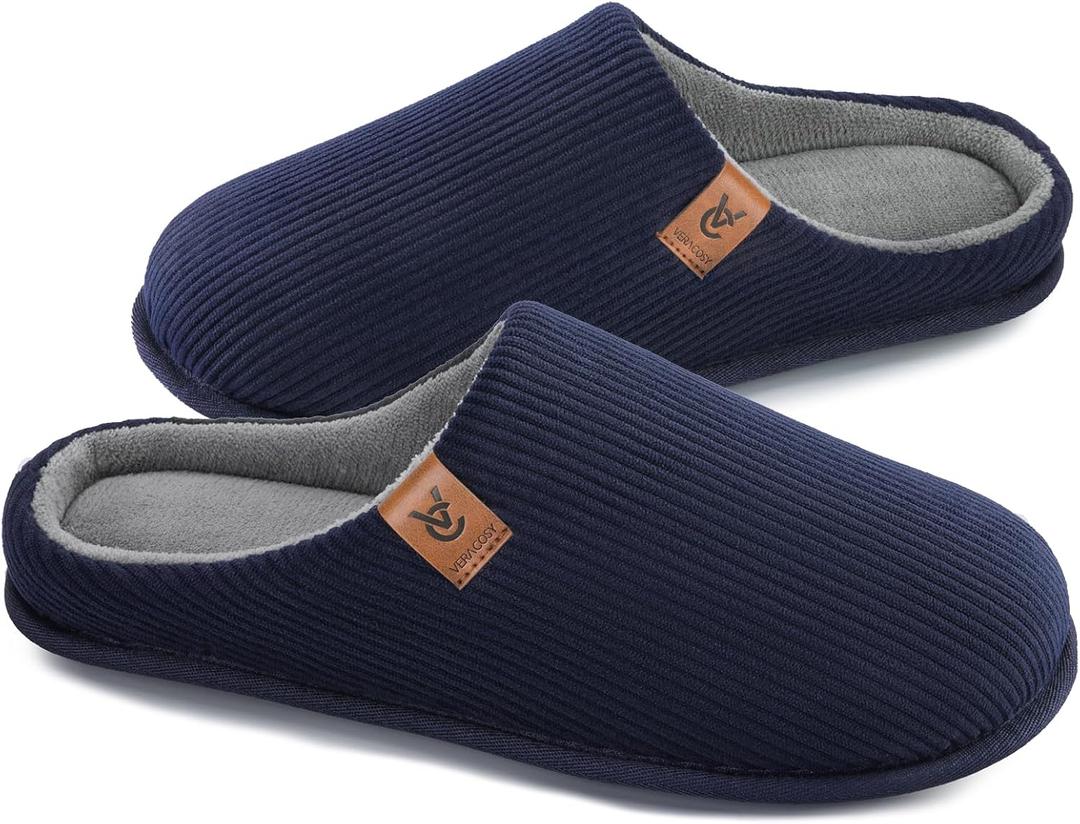VeraCosy Men's Corduroy Slip-on Slippers Cozy Non-Slip Memory Foam Indoor House Shoes with Coral Fleece Lining Navy Blue, 13-14 US