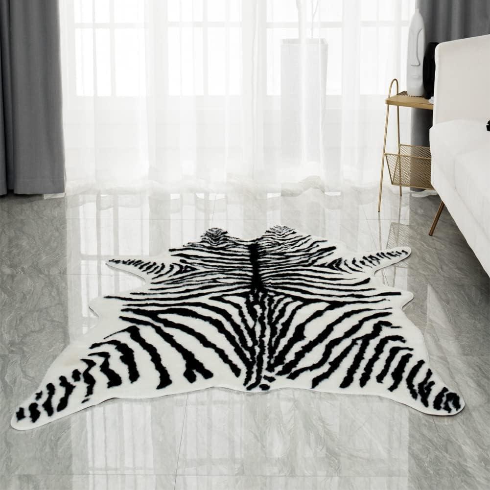 Zebra Print Rug Faux Skin Area Rug Cowhide Animal Western Decor Cute Carpet for Bedroom Living Room, 4.9x6.6 Feet (Zebra - 6.6x4.9 Ft)