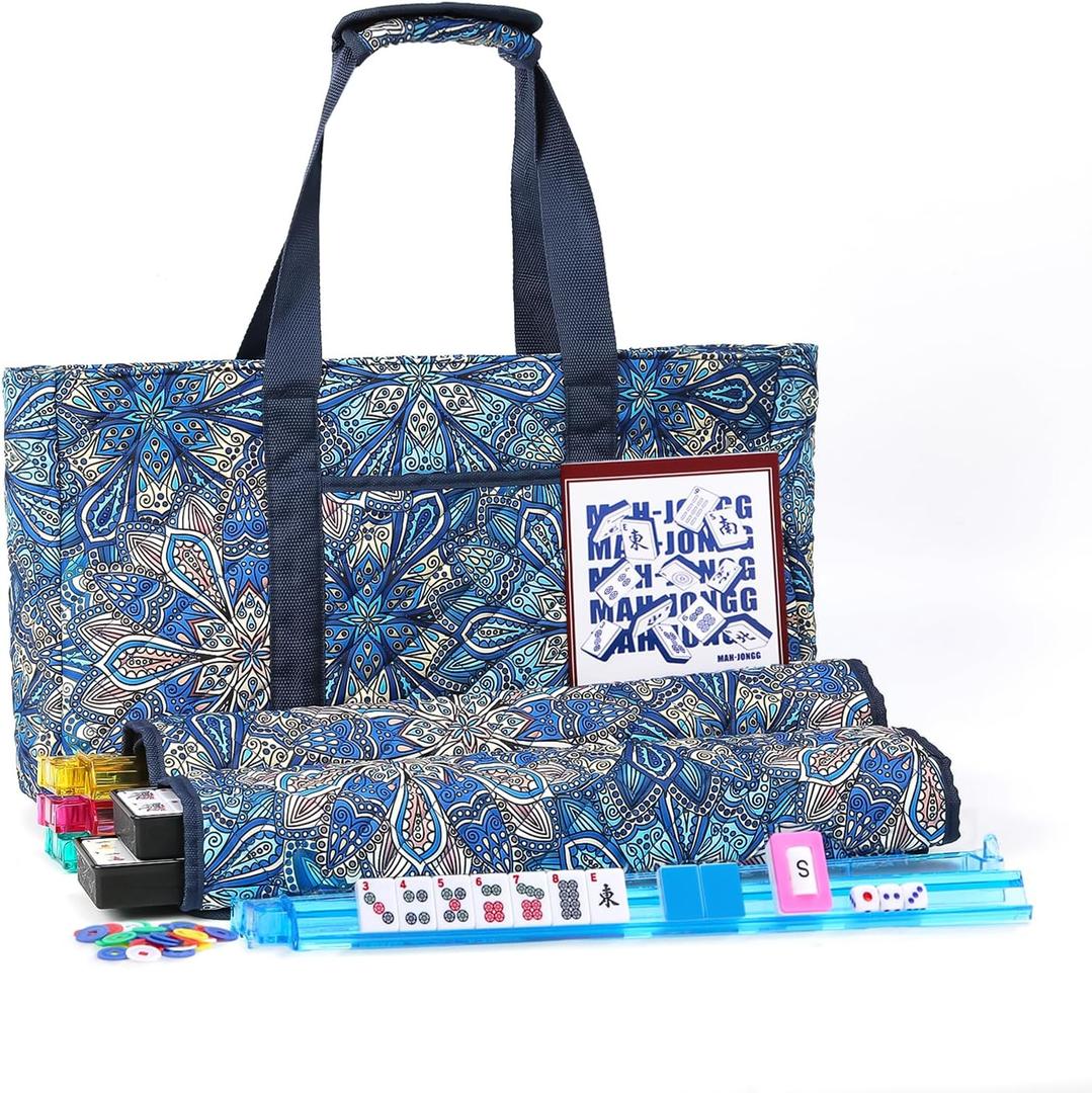 American Mahjong Tile Set with Blue Printed Carrying Bag, 166 Premium Tiles, 4 All-in-One Color Racks/Pushers, Mah Jongg Sets, Mahjong Game Set for Travel, Christmas, Birthday Gifts, 4 inches x 9 inches x 21 inches