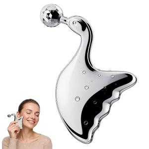 Stainless Steel Gua Sha with Eye Roller, 2026 Updated 2 in 1 Swan Shaped Face Guasha Massage Tool, Cooling Metal Facial Massager Scraper for Jawline Sculpting, Cheeks & Chin, Gift for Women & Moms