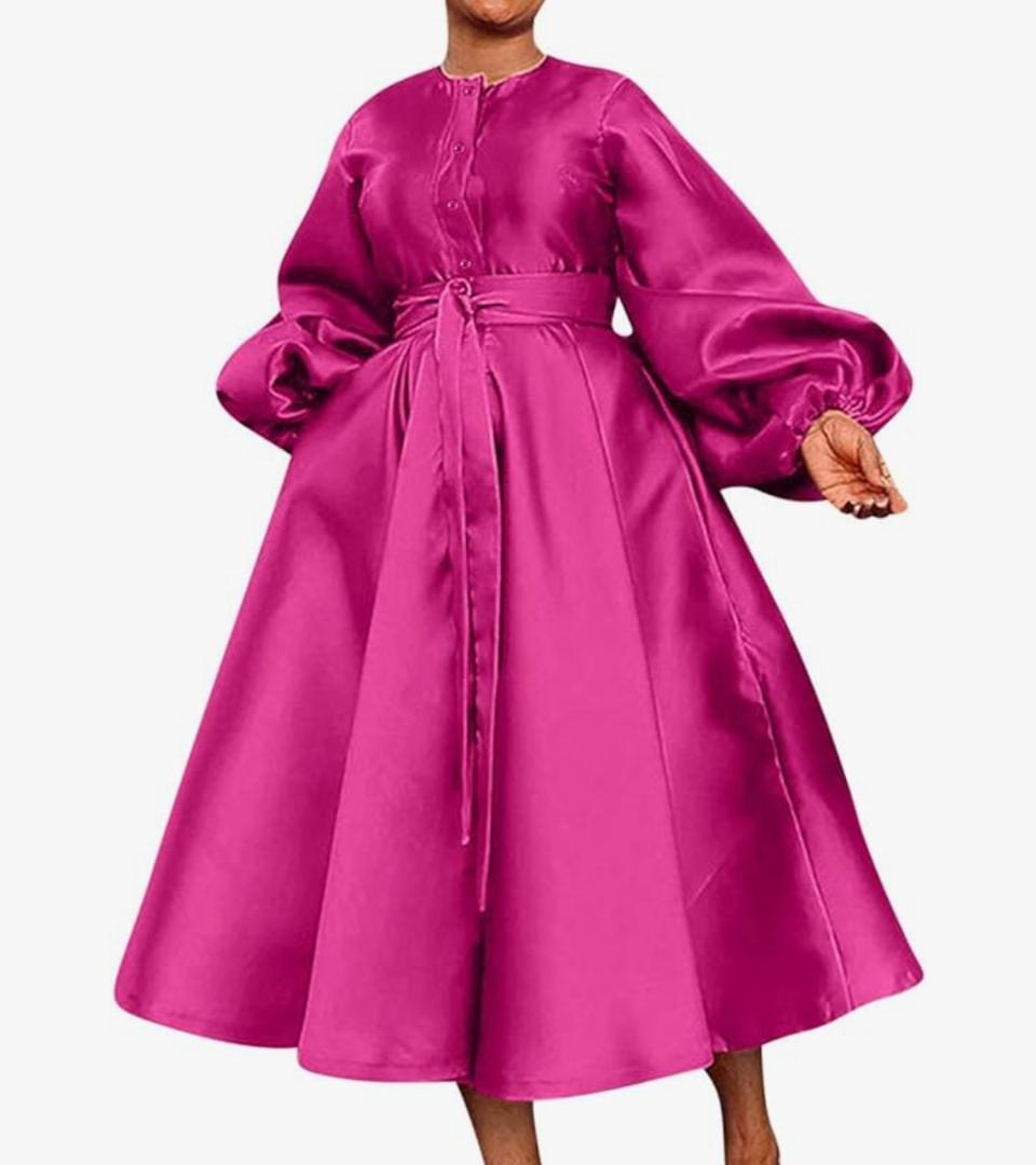 Women Satin Dress Casual Fashion Lantern Long Sleeve Belted Button A Line Long Dresses Flowy Maxi Dress M