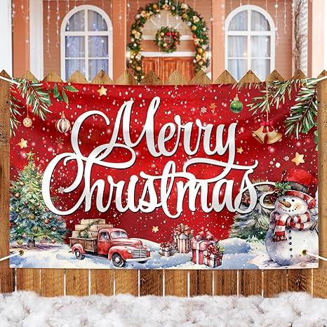 Merry Christmas Banner 118x20 inch Large Red Holiday hanging banner Gold Reindeer Tree Design outdoor christmas banner for fence Porch Wall Yard christmas party backdrop