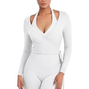 YEOREO Women Pilates Wrap Top Long Sleeve Tie Ballet Workout Yoga Shirt Michelie Y2K V Neck Cropped Tops , Large White