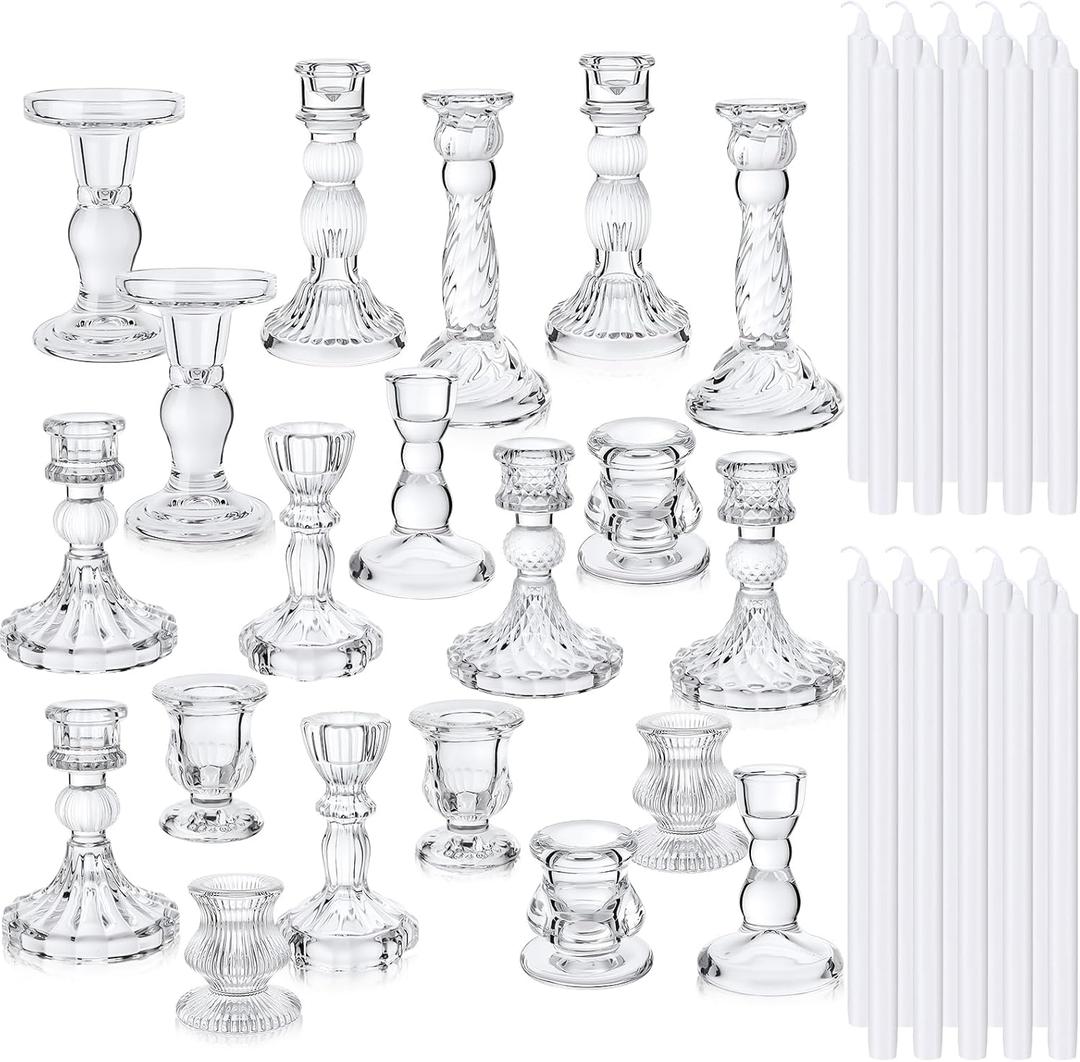 Mumufy 20 Sets Glass Crystal Taper Candle Holders Stand Centerpiece Bulk with 10 in Taper Candles Sticks Clear Decorations Table Wedding Dining Party (Transparent)