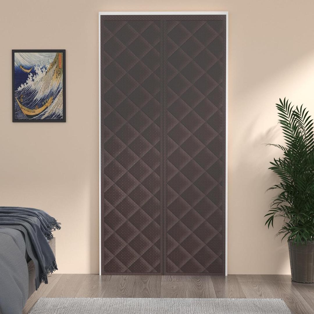 Magnetic Thermal Insulated Door Curtain, Durable Oxford Cloth&Thicken Polyester Fiber Fill Made, Fits Door Size 32" x 80" Soundproof Door Curtain Weatherproof and Windproof. (Brown)