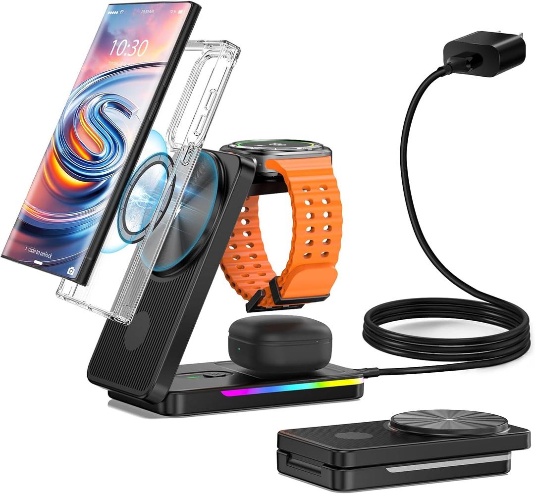 3 in 1 Magnetic Wireless Charger for Samsung, Foldable MagSafe Wireless Charging Station for Samsung Galaxy S25 Ultra/Z Fold7/Flip7/S24, Watch Charger for Galaxy Watch Ultra/8/7/Buds (for Travel) (Black)