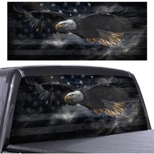 American Flag Eagle Rear Window Decals for Trucks, Black and Grey Automotive Decal, Lightning Car Decor Perforated Vinyl Window Film Sticker, Patriotic Back Window Graphic, 66" x 20"