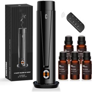 Waterless Scent Diffuser  1200 Sq Ft Coverage, Essential Oil Diffuser with Remote Control, Quiet Aromatherapy Diffuser with LED Light & Timer, Scent Air Machine for Home, Office, Hotel (Glossy Black)