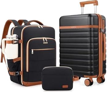 UKEIN Luggage Sets 3 Piece, Carry On Luggage 20In With Spinner Wheels,PC Hardside Suitcase Set with TSA Lock,Durable Carry On Suitcase With Travel Backpack for Men (Beige, 3 piece set (20inch))