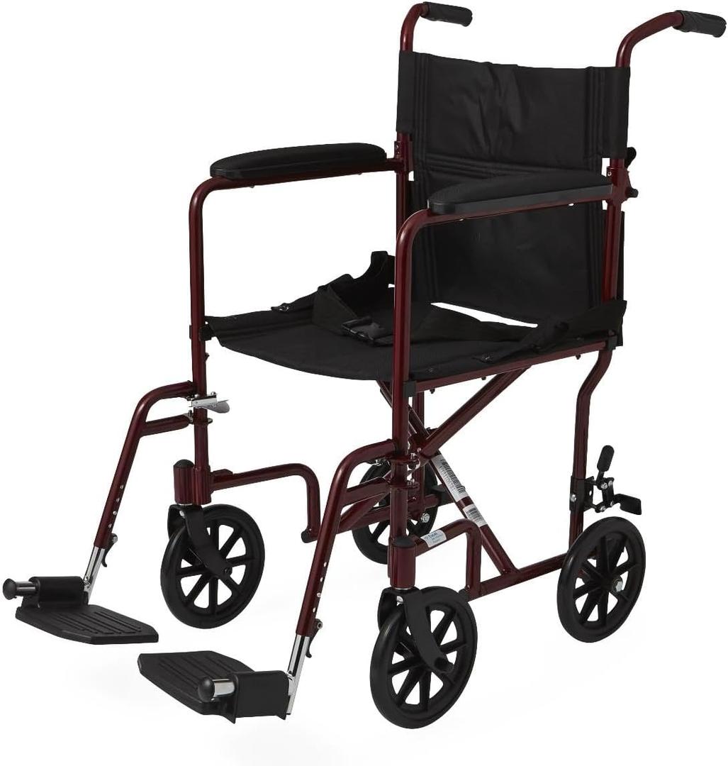 Medline Aluminum Transport Chair, 17 inch, Red - Lightweight, Foldable, Easy Maneuverability - Supports up to 300 lbs - Ideal for Medical Patients