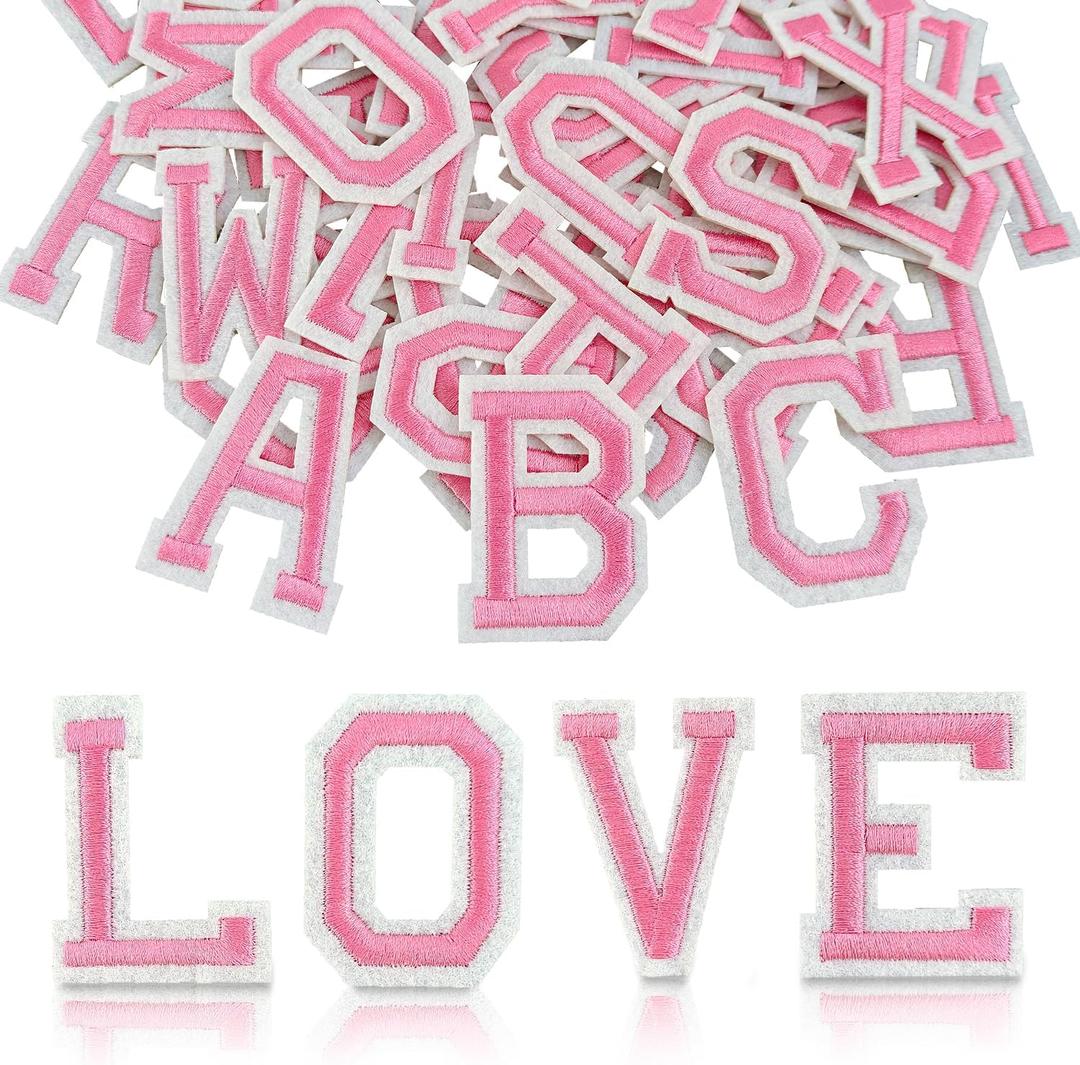 52Pcs Iron on Letter Patches, Embroidered A-Z Letter Patches for Clothes Dress Jackets Shirts Hats Bags Jerseys DIY Accessories-2 Inch Pink