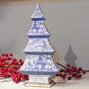 Cynkeyee Christmas Tree Christmas Decorations Indoor - Blue and White Xmas Decorations Gift 12" Vintage Tabletop Holiday Figurine, Chinoiserie Xmas Party Table Decor 6x3x12 Inch