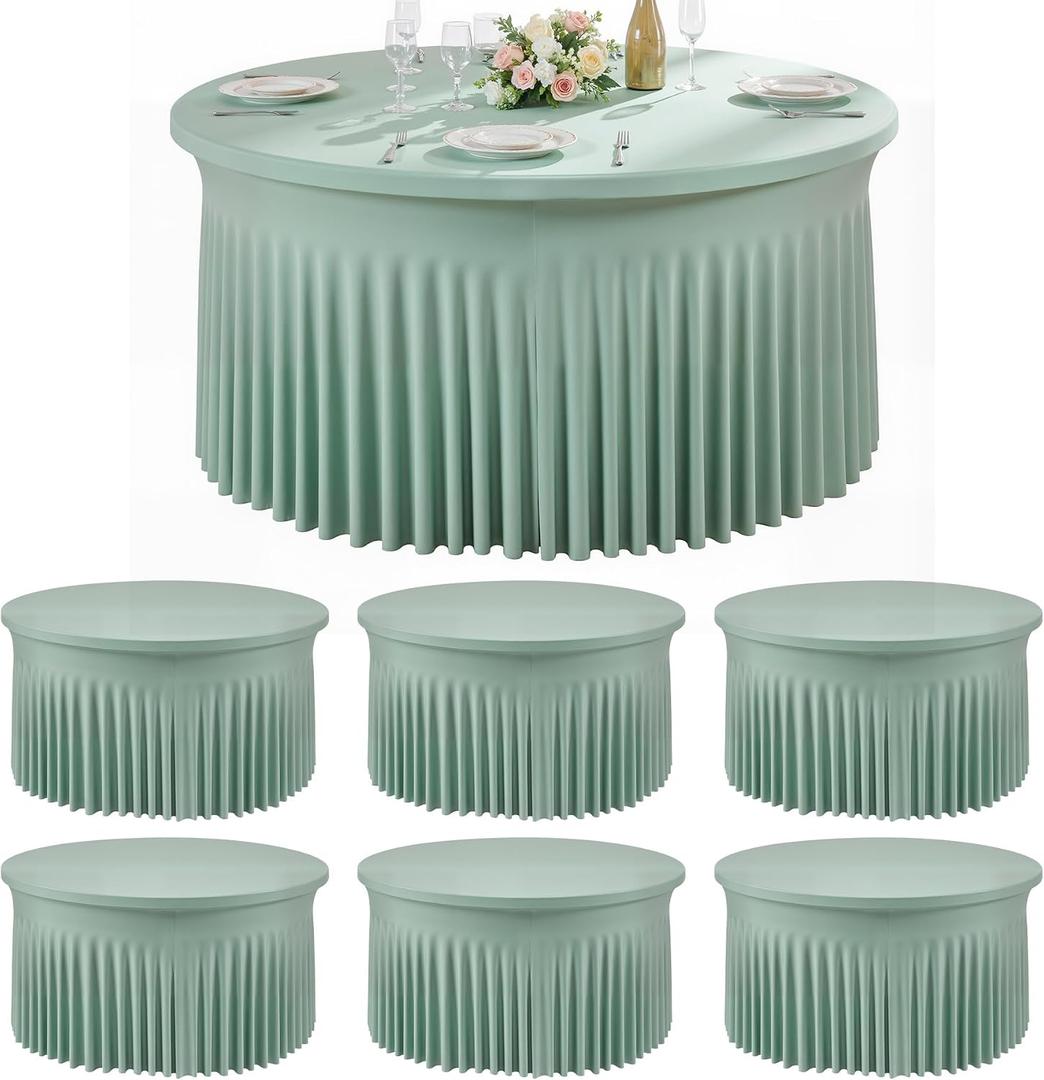 6 Pack Sage Green Spandex Round Tablecloths for 72 inch Table, Wrinkle Free Stretchy 132inch Fitted 6ft Round Table Cover Cloths with Skirt for Wedding Party Dining Banquet