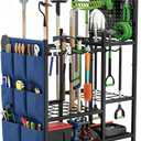 Garden Tool Organizer with Pegboard, Yard Tool Holder Standing for Garage Organization, Up to 30 Long-Handled/10 D-Handled Tools/Rake/Broom/Shovel/, with Side Storage Pocket