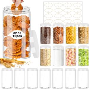 32 OZ Plastic Jars,16 Pcs Clear Plastic Jars with White Lids Round Empty Storage Jar Wide Mouth Refillable Storage Container with Lids for Household and Kitchen Food Organizing