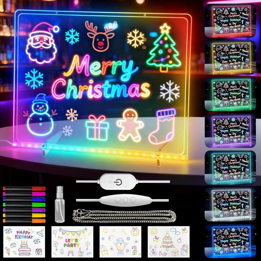 Led Drawing Board for Kids,15.7"X11.8" Lumi Board Led Note Board, 7-Color Light Modes, Acrylic Light Up Dry Erase Board with Stand, Hanging Chain and 7 Colors Pen, Christmas Gifts for Girls Boys