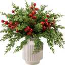 Watayo 60 Pcs Christmas Artificial Pine Branches with Red Berry Stems, 10.5" Faux Evergreen Norfolk Pine Cypress Leaves Stems, Fake Foliage Pine Needles Picks for DIY Craft Garland Home Decor