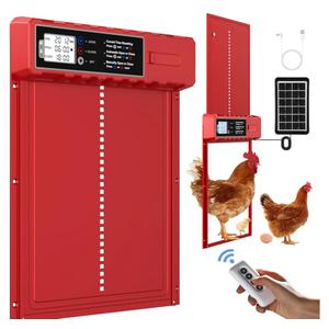 Automatic Chicken Coop Door Solar Powered with XL Large Size 10.8″x 14.2″ Red Auto Chicken Door Design with USB-C Charging & 3 Modes, Anti-Pinch & Aluminum Alloy Weather Proof
