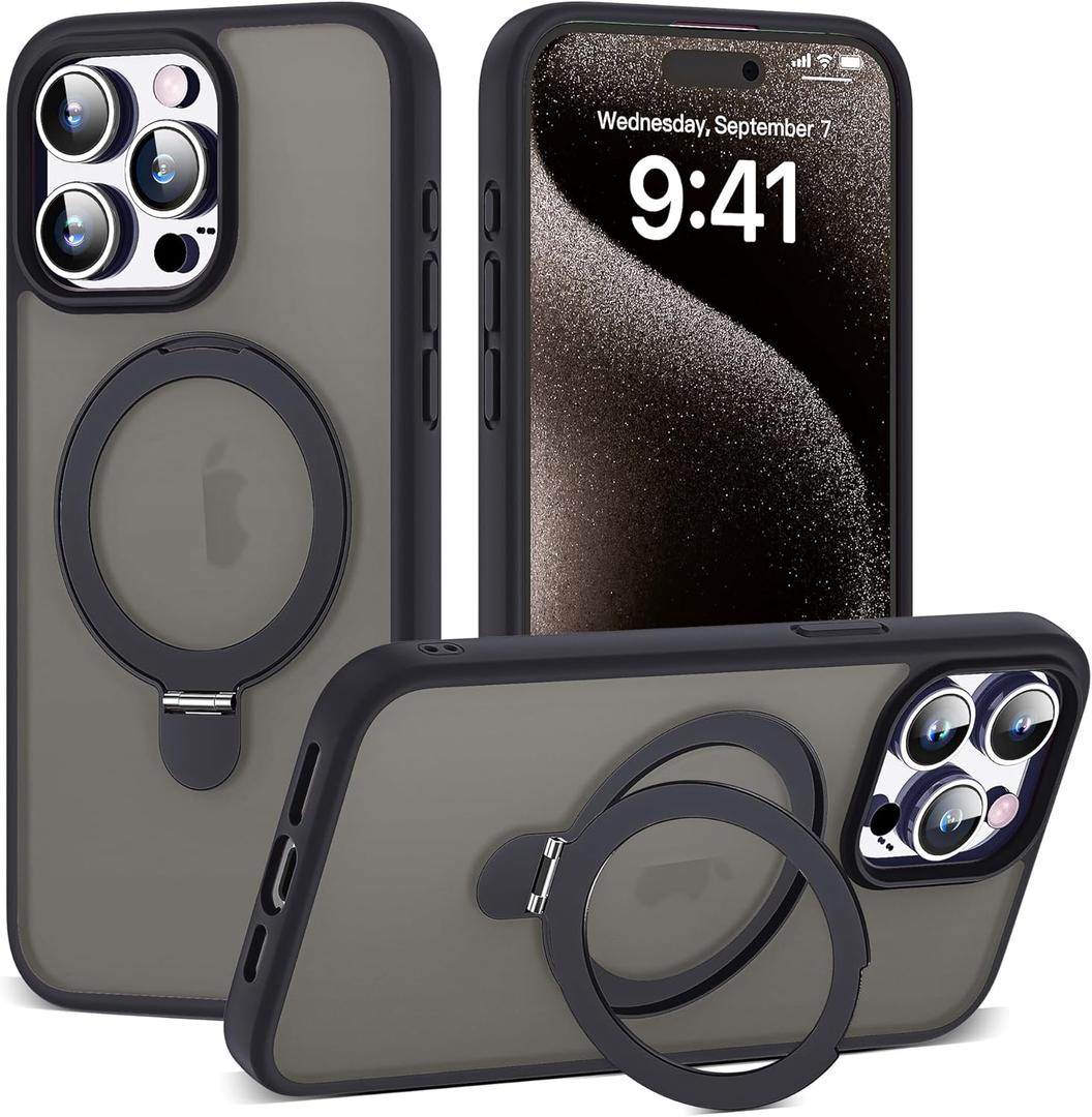 Designed for iPhone 15 Pro Max Case with Magnetic Ring Stand [Compatible with Mag-Safe] [Military Drop Protection] Shockproof Translucent Phone Cover 6.7" for Women Men,Black