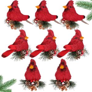 Namalu 8 Pcs Memorial Cardinal Ornaments for Christmas Tree Red Sisal Artificial Bird with Pine Cones Sympathy Gift Natural Rustic Red Bird Tree Hanging Decorations for Xmas Home Garden Wreath