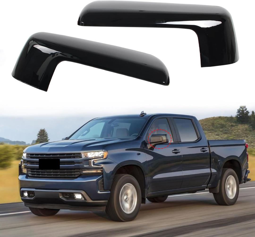AUCERAMIC 2PCS Black Mirror Caps Cover Fit for 2019-2025 Chevy Silverado 1500 / GMC Sierra 1500 Accessories Replace Left & Right Side Mirror Covers Clip on (Glossy Black) 84468910 84468908
