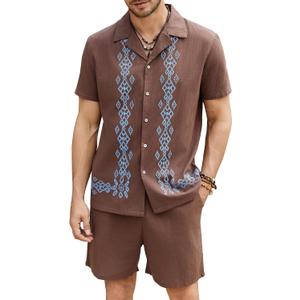 Daupanzees Men's 2 Pieces Shirt Sets Beach Guayabera Outfit Button Down Shirts and Shorts Casual Cuban Embroidered Sets (Brown)