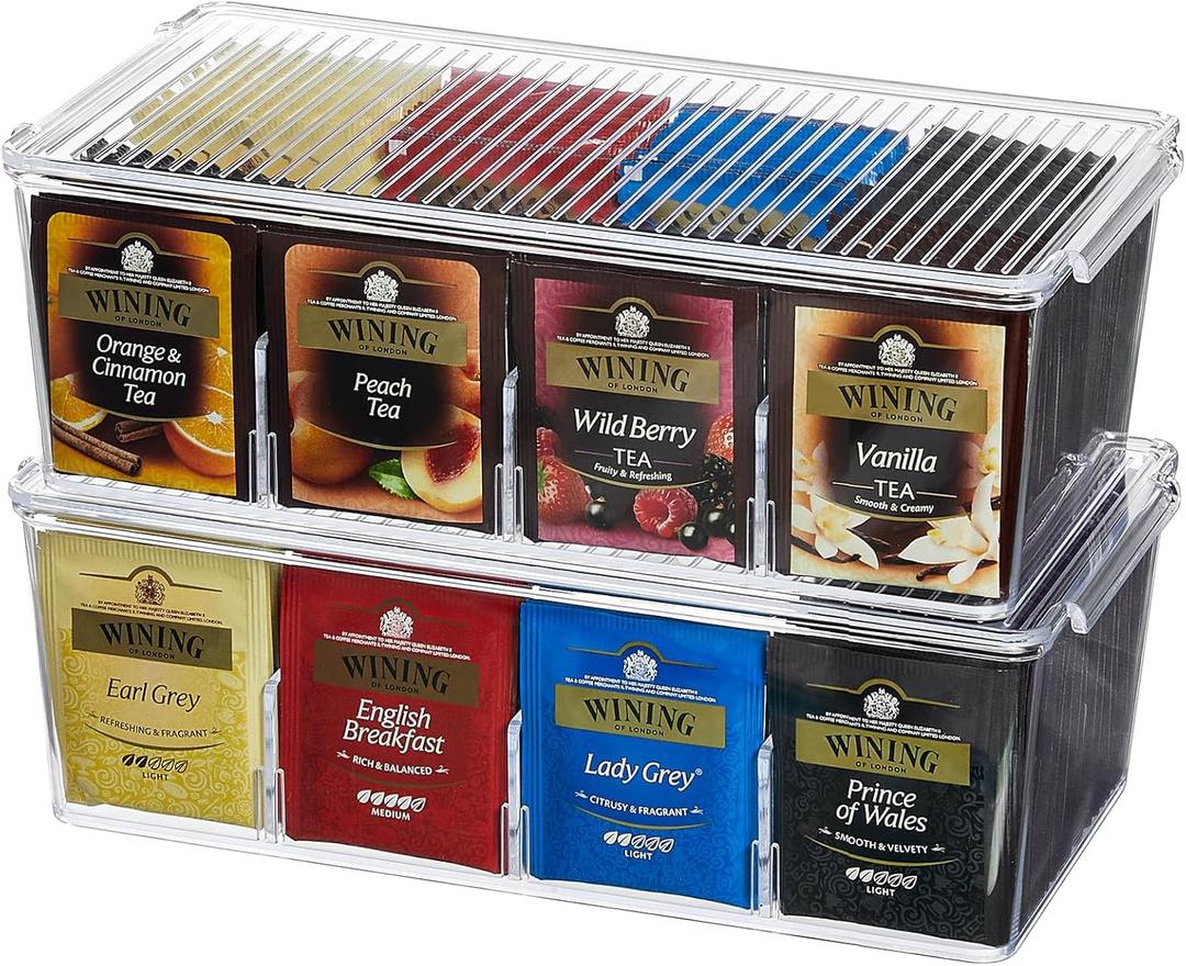 Lifewit 2 Pack Plastic Stackable Tea Bag Organizer, Divided Storage Bin Box for Kitchen Cabinets, Countertops, Pantry, Hold Coffee Pods, Sugar Packets, Condiments, 8 Sections (16-compartment, Clear)