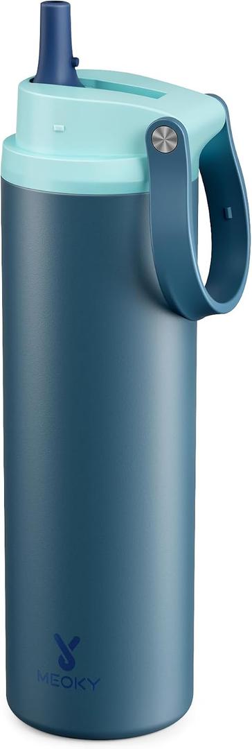 Meoky 24 oz Insulated Stainless Steel Water Bottle: Flip-to-Pop Straw, Leak Proof, 24H Cold, Wide Mouth, BPA-Free, Non-slip Base, Gym Water Bottle for Men Teen Boys, Denim
