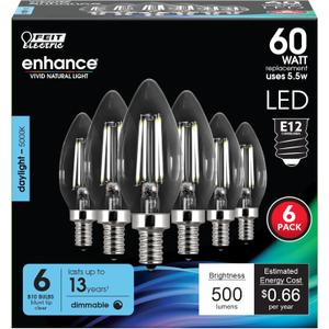 Feit Electric 60W Equivalent Candelabra LED Light Bulb, Dimmable, E12 Base, 5000K Daylight, B10 Filament Torpedo Tip Decorative Lighting Bulbs, 13-Year Lifetime, CTC60/950CA/FIL/6, 6-Pack