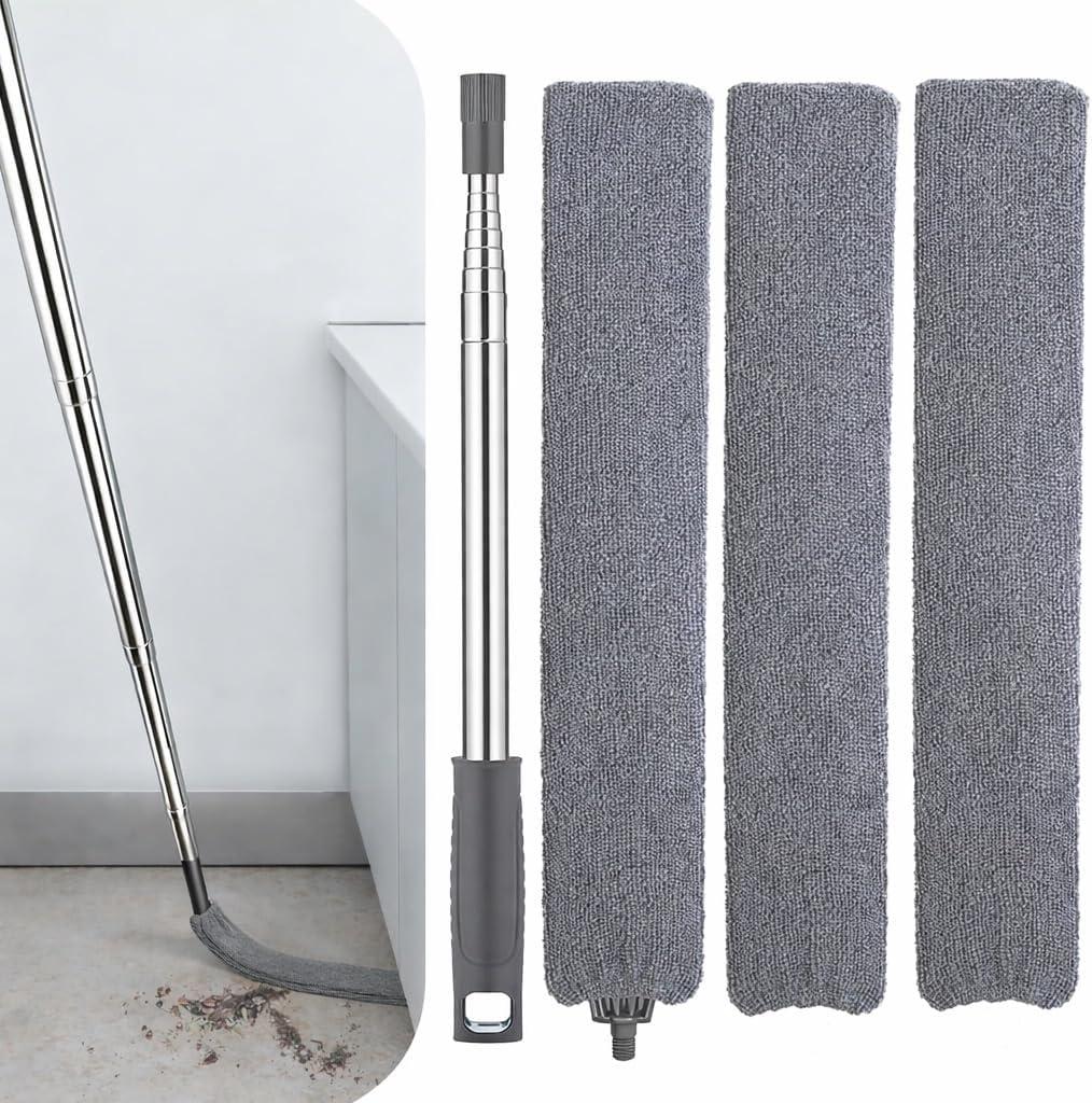 Retractable Gap Dust Cleaner with Extension Pole, Cleaning Tools with 3 Microfiber Dusting Cloths, Extendable Long Handle Duster for Cleaning Under Refrigerator Furniture Appliance (Gray)