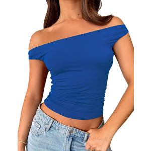 ForeFair Womens Off The Shoulder Tops Going Out Crop Top Slim Fitted Shirts Double Lined Summer Outfits Y2K Cute Tops, Royal Blue, X-Small