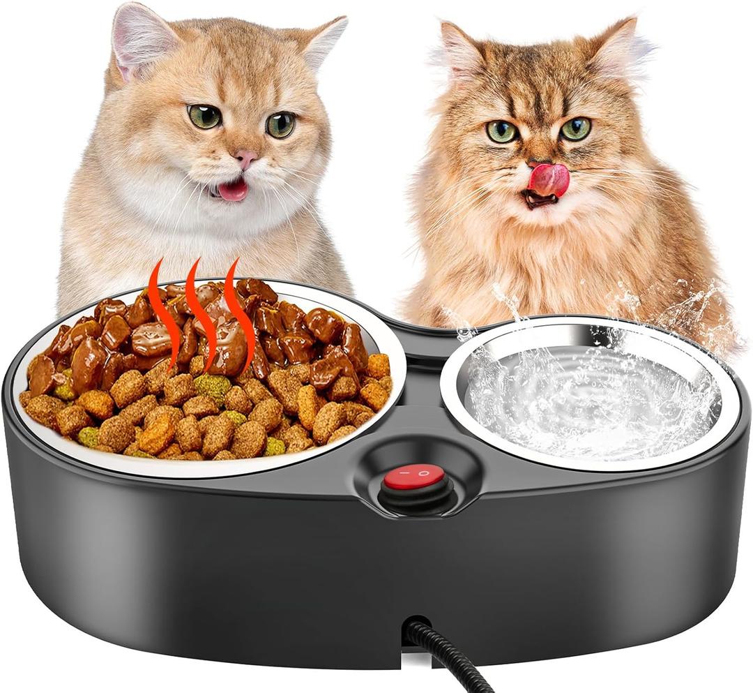 Heated Cat Bowl - Double Heating Pet Bowl with 2 Stainless Steel Bowls for Feral Cat Feeding Station in Winter