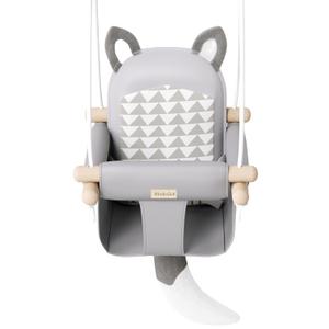 Wooden Hanging Baby Swing with Soft Safety Belt, Cozy Infant Swing Seat for Indoor & Outdoor Use, Adjustable Height, Includes Mounting Hardware – Suitable for Babies & Toddlers（FoxThemed in Gray