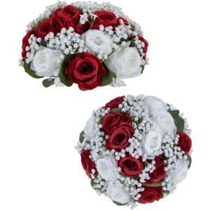 BLOSMON Fake Flowers Ball Wedding Centerpieces 2 Pcs Crimson Rose Babys Breath Artificial Flowers Center Pieces Decoration for Table Silk Kissing Floral Bouquet Arrangements for Home Party DIY Decor