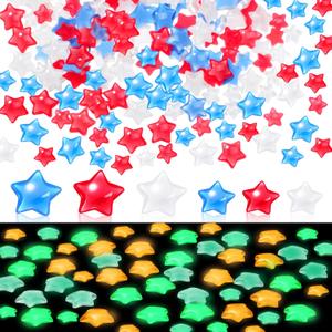Weysat 240 Pcs Glow in Dark Patriotic Vase Filler 4th of July Star Gem Bead Red White Blue Decor Acrylic Resin Luminous Star for Memorial Day Independence Day Party Tabletop, 0.8/0.2 Inch(Mixed)