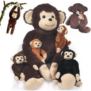 5 in 1 Monkey Stuffed Animal with Babies, Large Huggable Stuffed Monkey Plush Toy Mom and 4 Baby Stuffed Animal Monkeys Hanging Plush Doll Toy Monkeys for Kids Girls Boys Birthday