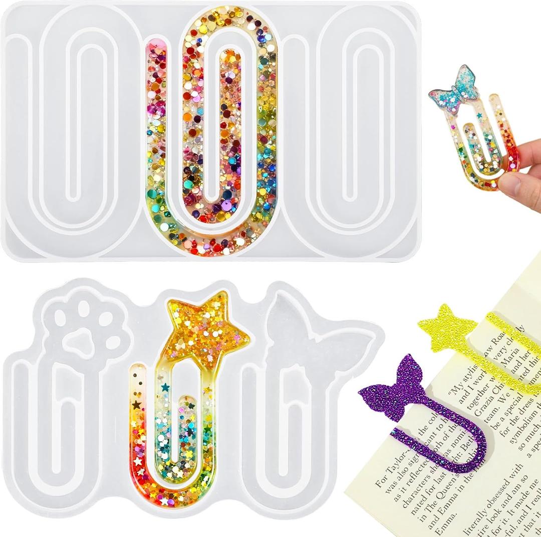 2 x 2pcs Resin Bookmark Molds Paperclip Shape Bookmarks Silicone Mold Jumbo Paper Clips Bookmarks Casting Mould Butterfly Star Craft Resin Bookmark Moulds for UV Epoxy Crafts DIY Book Lover Christmas