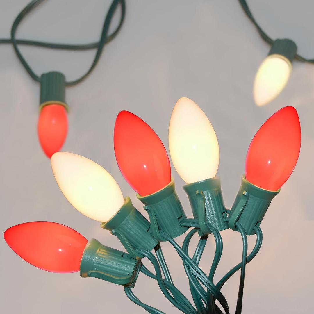 SUNSGNE C9 Christmas Outdoor String Lights 25 Feet Vintage Christmas Tree Lights with 26 7W Red White Glass Bulbs(1 Spare) for Backyard Patio Balcony Xmas Decor, Green Wire